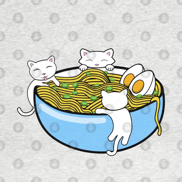 Happy little kittens climbing on a bowl of ramen noodles by Purrfect